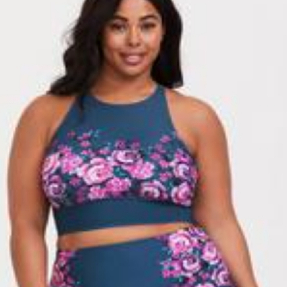 ISO Torrid wireless high neck swim top teal with roses torrid size 1 or 2